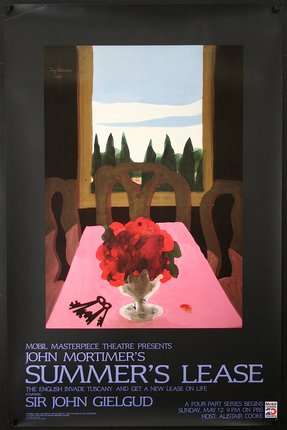 a poster of a table with flowers