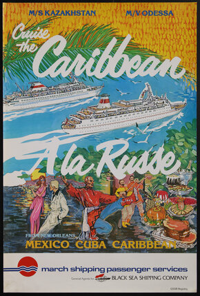 a poster with two ocean liner ships and people celebrating