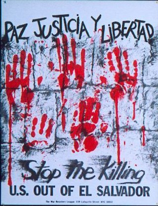 a poster with red hand prints and black text