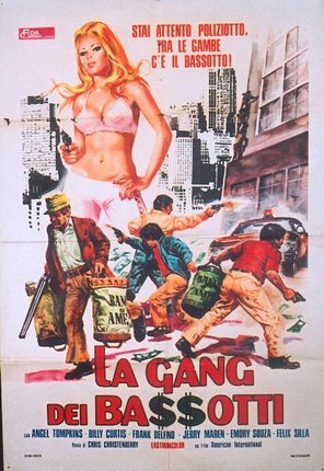 a movie poster of a woman with guns and people in the background