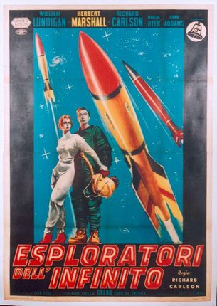 a poster of a man and woman standing next to rockets