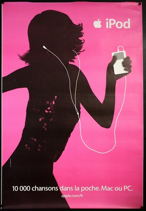 a poster of a woman holding a white earbuds