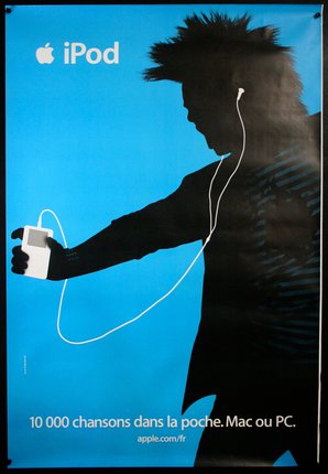 a poster of a man holding a white earbuds