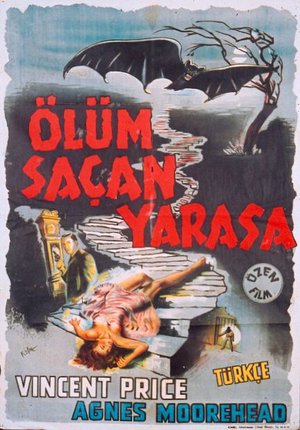 a poster with a bat and a woman lying on a staircase