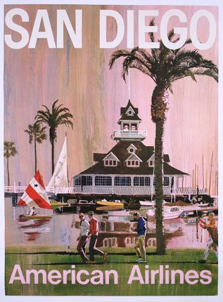 a poster with people walking on grass near a body of water