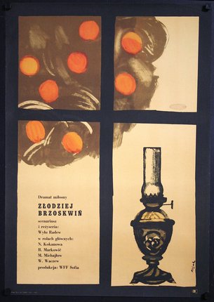 a poster with a lamp and oranges
