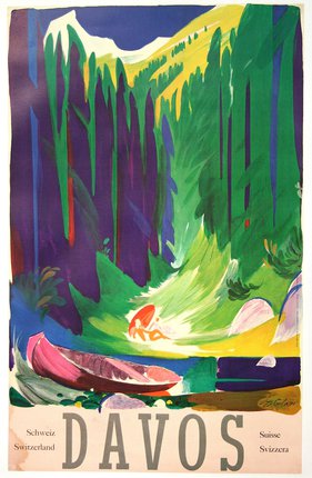 a colorful painting of a boat in a forest