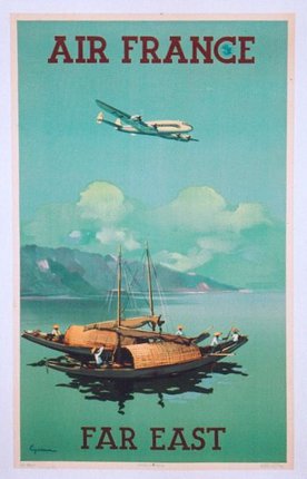a poster of a boat and a plane flying over