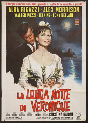a poster of a man with a woman holding a candelabra and a full moon in the background