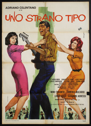 a poster of women dancing with a man playing an electric guitar and singing