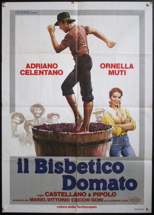 a poster of a man standing on a barrel of grapes