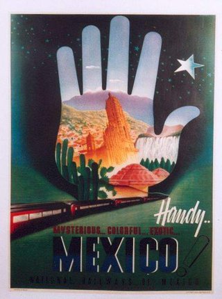 a poster with a hand and a train