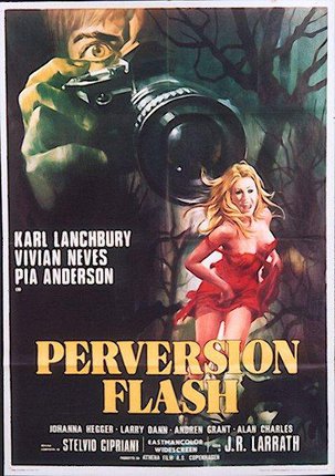 a movie poster with a woman running away from a hand holding a camera