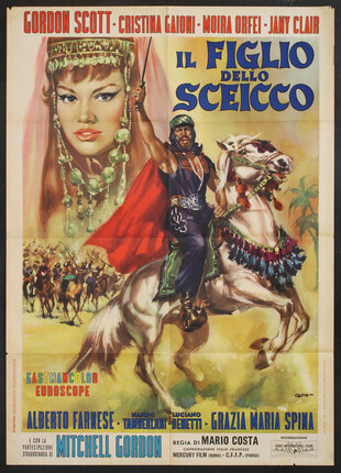 a poster of a man brandishing a sword on horseback in the desert with a woman in crown and jewels in the background