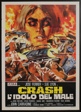 a movie poster with a creepy woman with red eyes and a chaotic scene of cars ablaze and people running in horror