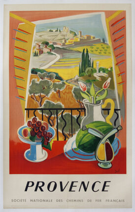 a poster of a window with a view of a landscape