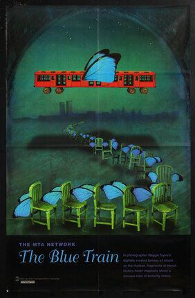 a surreal poster with a subway car flying with butterfly wings above a queue of winged chairs