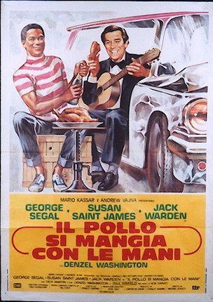 a poster of two men sitting on a chair with a car and a guitar