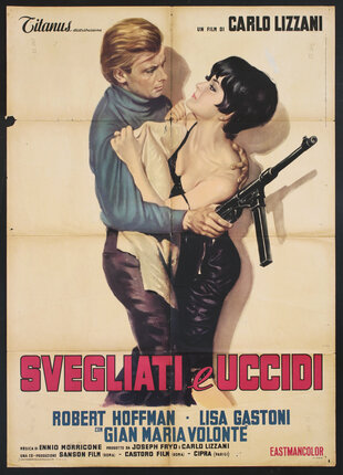 a man in blue turtle neck sweater holding a automatic rifle and restraining a woman in a black dress