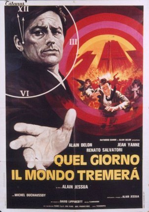 a movie poster with a man and a man in front of a red and yellow background