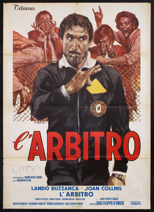 a movie poster with a soccer referee blowing a whistle pulling a yellow card from his breast pocket