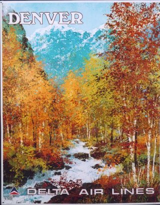 a poster of a forest with trees and mountains