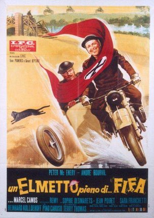 a poster of two men on a motorcycle