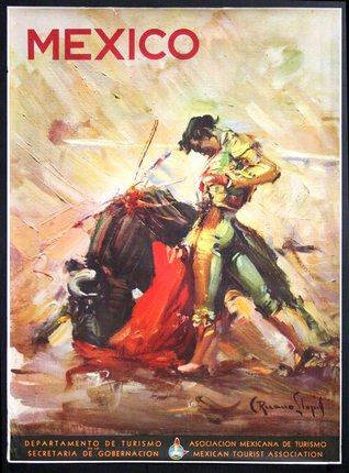 a poster of a bullfighter fighting with a bull