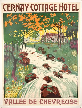 a poster of a river flowing through a forest