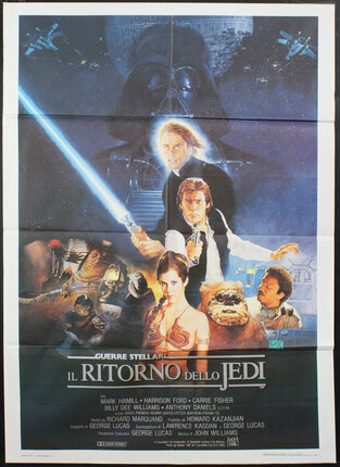 a movie poster with a man holding a light saber