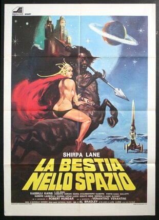a movie poster with a woman on a horse and a man in a red cape