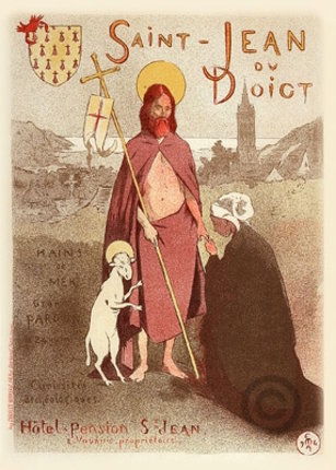 a man holding a cross and a sheep