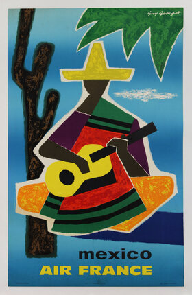 a colorful poster with an abstract rendering of a man in a sombrero hat and poncho sitting  cross-legged playing a guitar by a cactus and tree