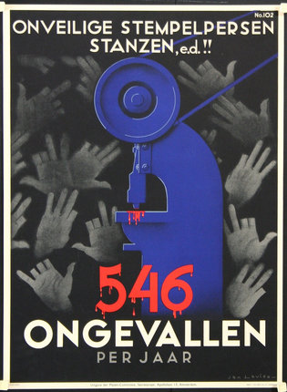 a poster with a blue machine and red text