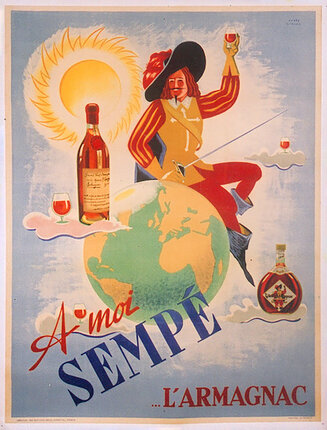a poster of a man on a globe with a bottle of wine