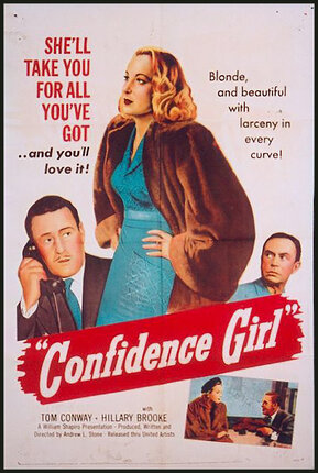 a movie poster of a blonde woman in a mink coat with two men looking at her