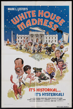 movie poster with caricature drawings of politicians running out of the White House
