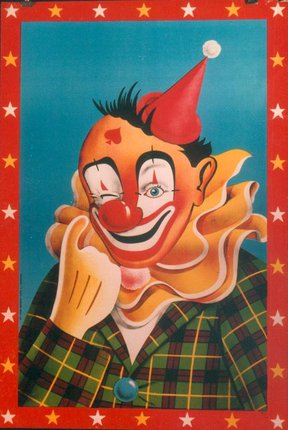 a clown with a red hat and a red and blue background