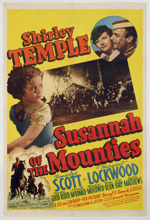 a movie poster with a photo of Shirley Temple and White Cowboys and Native Americans riding on horses 
