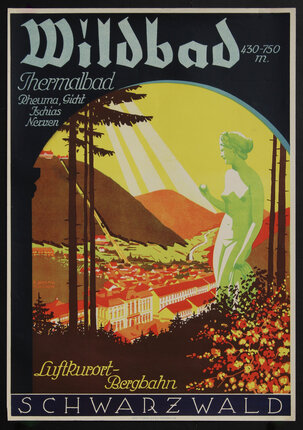 a German travel poster with an illustration of a picturesque town in a sun drenched valley with a nude sculpture and flowers in the foreground