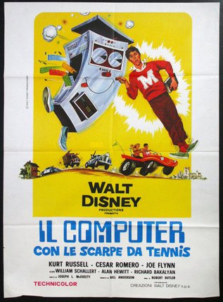 a movie poster of a man running away from a computer