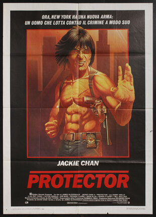 a poster of a shirtless man (Jackie Chan) with a gun holster around his arms and a badge on his belt