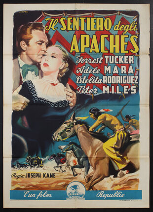 a movie poster with a white man and woman in an embrace and a Native American man on horse back