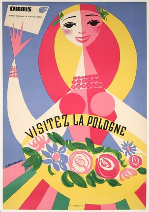 a poster with a woman holding a bouquet of flowers