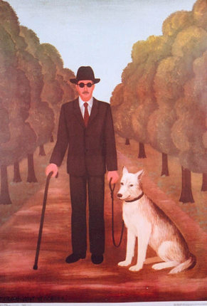 a man in a suit and hat with a cane and a dog