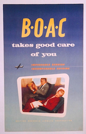 a blue and yellow poster with a man and a woman sitting in a chair
