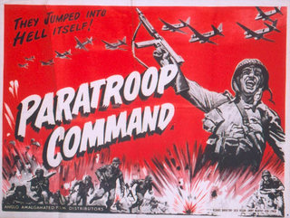 a red and white poster with a soldier holding guns