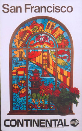 a stained glass window with a painting of a bridge and a potted plant