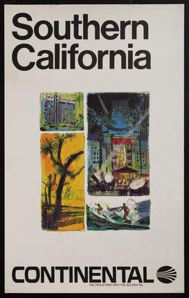 poster with illustrations of Disneyland hotel, a theater at opening night, a joshua tree, and surfers