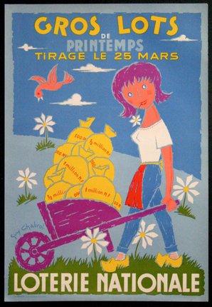a poster of a woman pushing a wheelbarrow full of bags